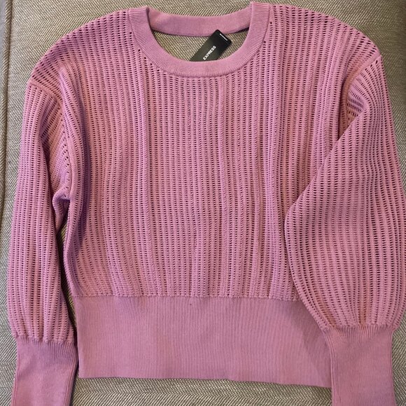 Express Crewneck Pointelle Sweater Back Cut-Out Balloon Sleeve Mauve Pink Medium - Picture 7 of 7